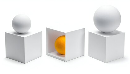 Three white cubes, one orange sphere, two white spheres, illustrating containment & freedom