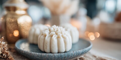 Maamoul cookies on a ceramic plate for Eid Al Fitr celebration in a dining room setting, traditional Muslim holiday snacks for seasonal religious marketing flyers