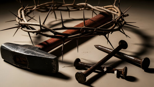 Crucifixion tools with crown of thorns hammer and nails