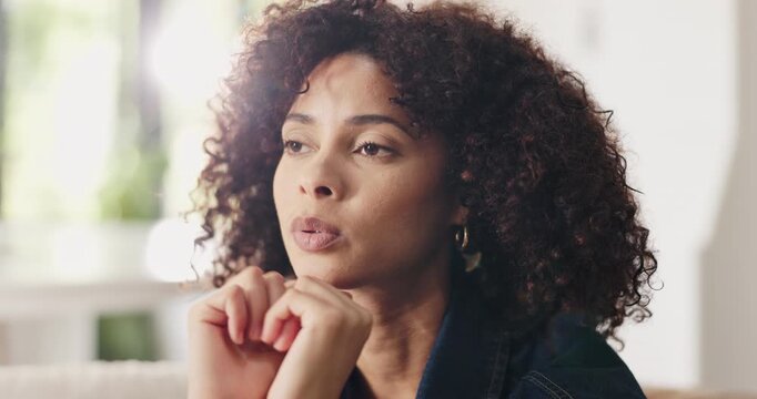 Thinking, woman and worry with anxiety in home for vision, overwhelmed and financial crisis. Thoughts, female person and concern with reflection, regret decision and overthinking for bankruptcy risk