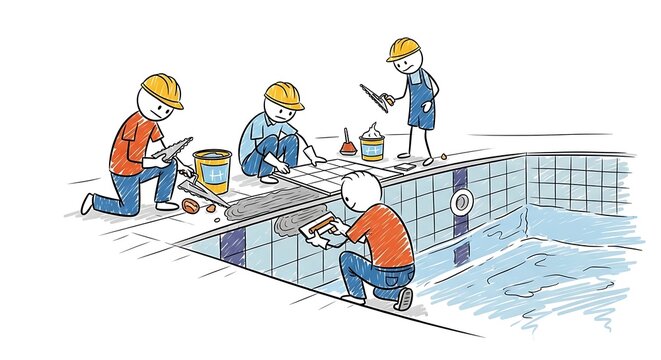 Construction workers tiling a swimming pool with blue tiles and water.