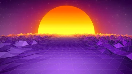 Fototapete Warmes Lila Abstract purple blue retro landscape in old 80s, 90s style with road rocks mountains and sun, abstract background  © Bolbik