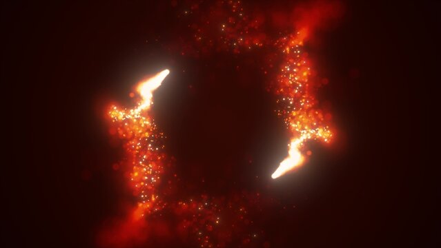 Abstract red fiery energy lines and cyclic circles with magic bokeh from particles, abstract background