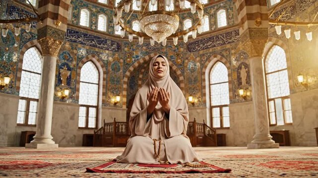 Muslim woman in hijab praying inside a beautiful mosque with ornate designs