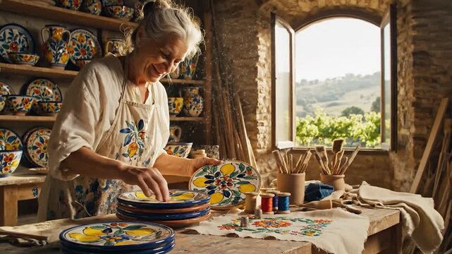 An artisan woman carefully stacks beautifully hand-painted ceramic plates