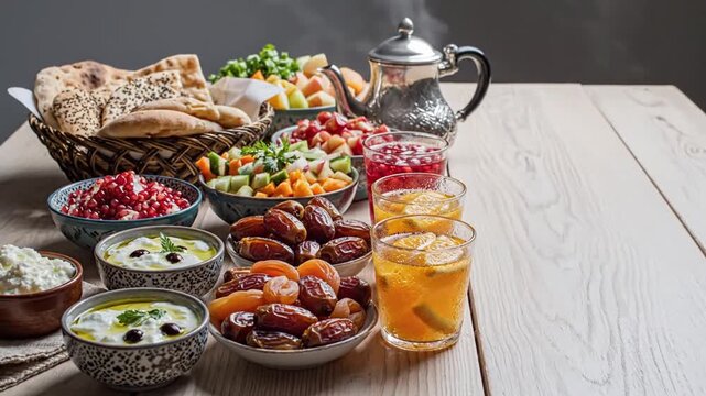 Festive Ramadan spread with dates, fruits, beverages and Middle Eastern bread