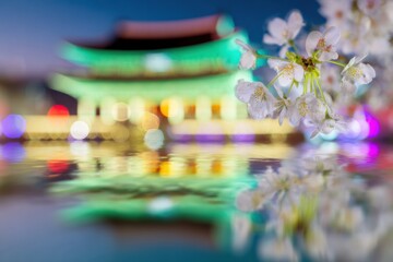 Obraz premium Cherry blossoms blooming by a lake at night with traditional temple architecture reflected in water, vibrant spring travel scene for tourism brochure concept
