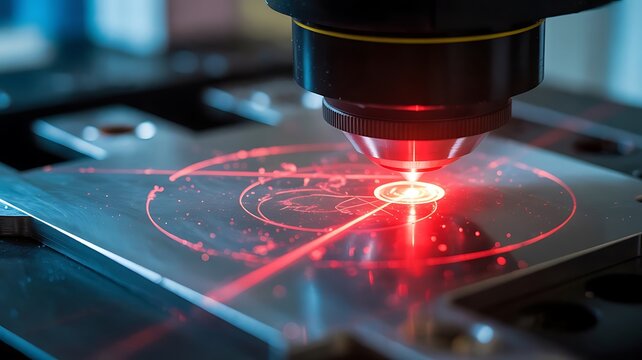 Close up of a red laser cutting intricate patterns on a transparent