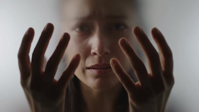 A distressed woman's face is obscured by frosted glass, her hands reaching out in desperation.