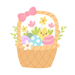 Basket with Easter eggs. Happy Easter cute colorful vector illustration. Springtime holiday gift.