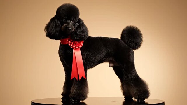 Black Poodle with Red Ribbon with Studio Shot.