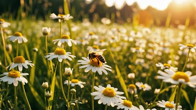 A bee collecting nectar from a chamomile flower in a sunlit meadow during golden hour
