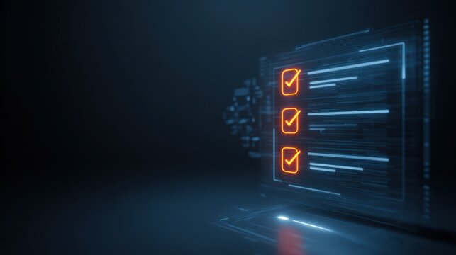 Digital checklist with glowing orange checkmarks on a futuristic dark interface