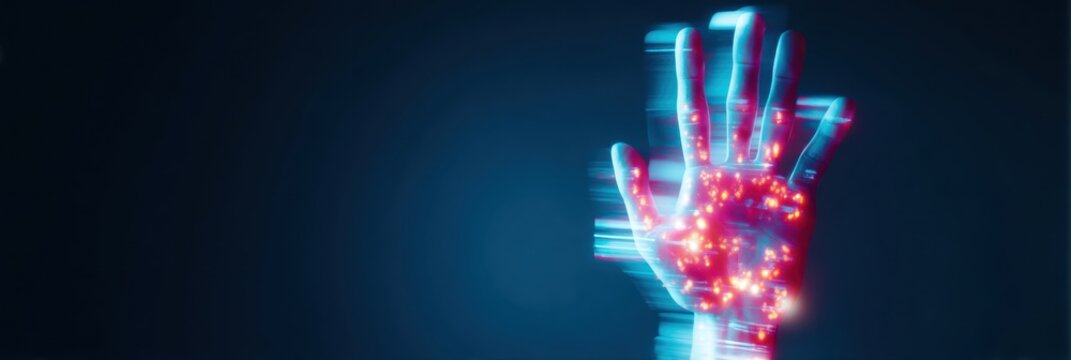 Hand with skin lesions and viral rash infected with hand foot and mouth disease symptoms shown in a clinical healthcare setting for medical education with copy space