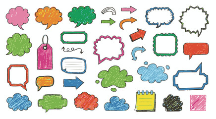 Hand Drawn Colorful Crayon Scribble Frames and Speech Bubbles Set for Scrapbooking and Kids Design