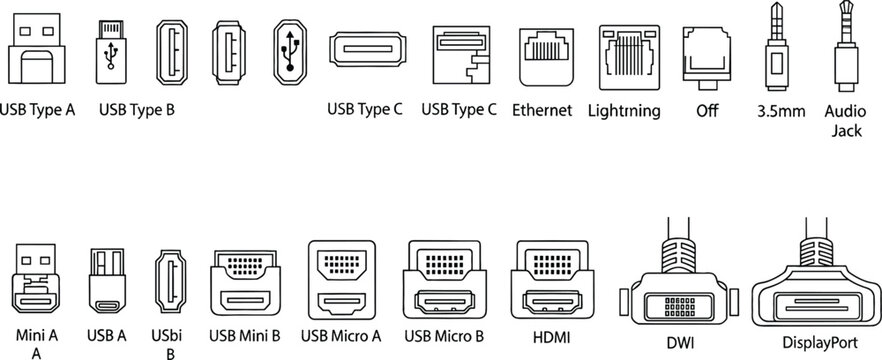 Comprehensive vector line icon set of various computer port connectors including USB Type A Type C HDMI Ethernet Lightning DisplayPort and audio jack.