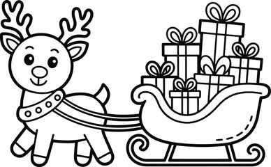 Fototapeta premium Cheerful cartoon reindeer pulling a festive sleigh loaded with multiple wrapped gift packages