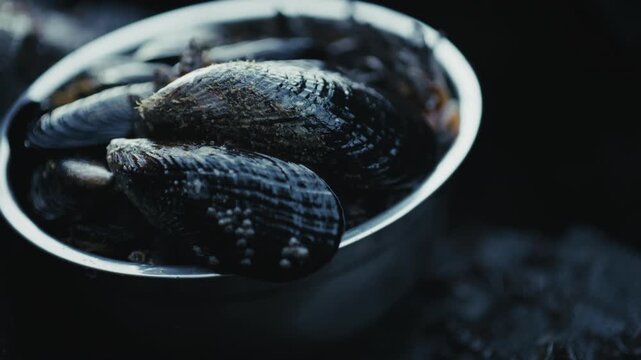 Bowl of Fresh Mussels Harvested From East Sooke Regional Park In Vancouver Island, Canada. - closeup shot