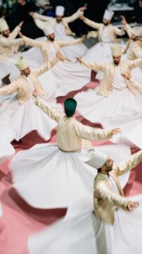 Traditional Whirling Dervishes Performing Cultural Dance in Rhythmic Formation with White Robes and Tall Hats for Spiritual Event and Heritage Promotion