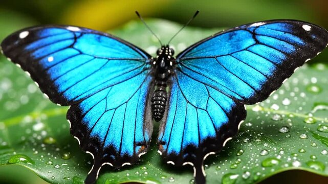 Blue butterfly with open wings on leaf.