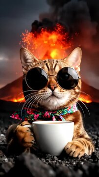 Cool Cat Sips Coffee Amidst Volcanic Eruption