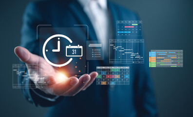 Fototapeta premium Business professional presenting time management and project planning dashboard with calendar, schedule timeline, and task tracking interface, productivity, deadline control, workflow management.
