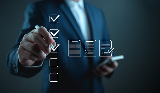 Business professional managing digital document workflow with approval checklist interface, representing document management system, compliance control, file organization, and process automation.
