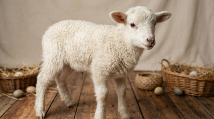 Naklejka premium Young lamb standing on wooden floor with baskets and eggs in background 