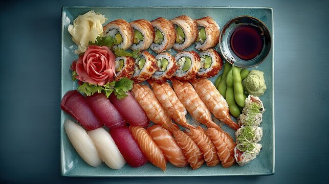 Pastel green background sushi square composition, diverse seafood料理 symmetric array arrangement, soft mint tones and vibrant ingredient contrast, minimalist overhead perspective showing geometric orde