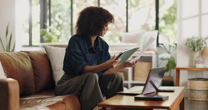 Documents, finance and tablet with confused woman on sofa for budget or investment analysis. App, paperwork and problem solving with person in home living room for financial review or solution