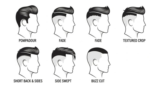 Collection of mens hairstyles and haircuts illustrated.