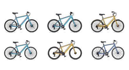 Six colorful mountain bikes arranged in two rows on a plain white background in a product showcase style with a focus on transportation and outdoor recreation.