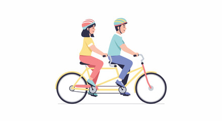 Fototapeta premium A man and woman riding a tandem bicycle in a colorful illustration with a white background.
