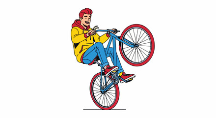 Fototapeta premium A cartoon man in a yellow jacket performing a wheelie on a blue bicycle with red wheels against a white background.