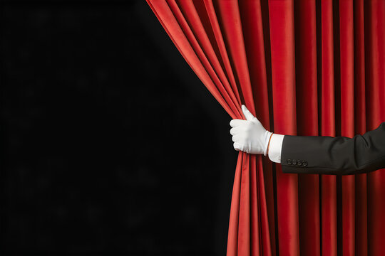 Hand in white glove pulling open red theater curtain revealing black background opening