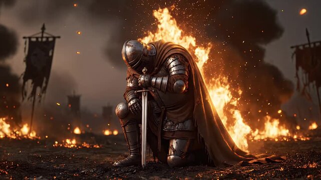 Fallen Medieval Warrior Resting with Sword Amidst Flames
