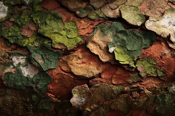 Rough Tree Bark Texture with Green Moss and Brown Undertones in Forest Ambiance Dark and Moody Lighting Organic Surface Background Natural Forest