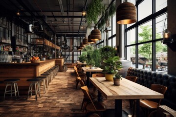 Fototapeta premium Industrial style cafe featuring rustic wooden bar, dining tables, and lush green plants creating a fresh atmosphere