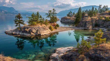 Naklejka premium Scenic Lakefront Landscape with Rocky Outcrops and Evergreen Trees Under a Partly Cloudy Sky in Soft Morning Light