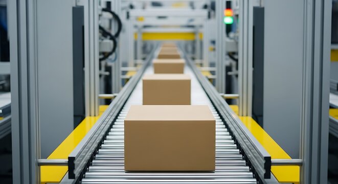 Automated system of cardboard boxes moving along a conveyor belt, industrial setting