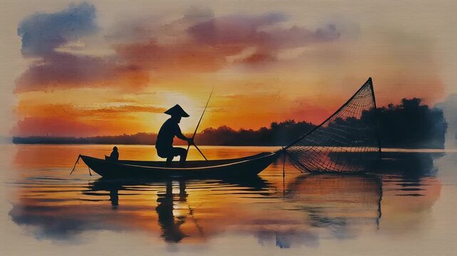 Silhouette of a Fisherman Casting a Net During a Vibrant Sunset on Calm Waters