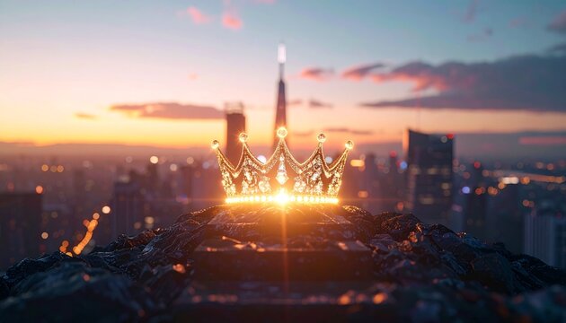 Female leadership concept shown through a glowing crown symbol above a structured skyline