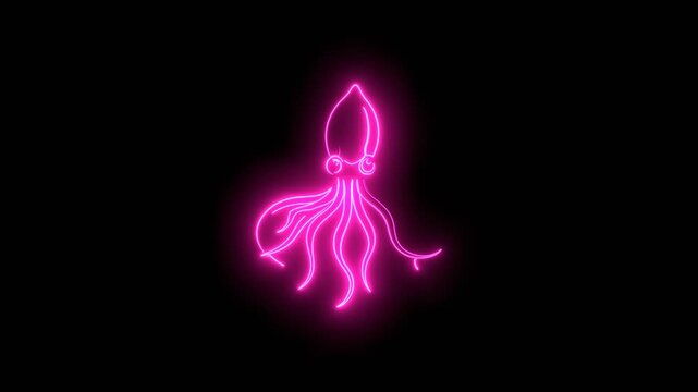 Octopus with tentacles. Sea and ocean animal. Cute giant kraken monster, cartoon creepy underwater cuttlefish. Thin lines style emblem for the menu of the seafood restaurant. Neon glowing.