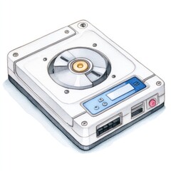 Fototapeta premium Watercolor cartoon clipart of external hard drive for technology-themed design and print use on white background