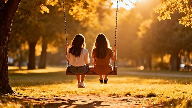 Two people on swing in park at sunset