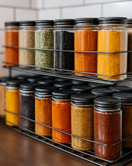 Organized Spice Rack with Assorted Colorful Spices in Glass Jars on Kitchen Counter