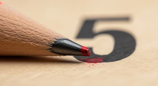 Close-up of sharpened pencil tip with red paint on wooden surface with number 5