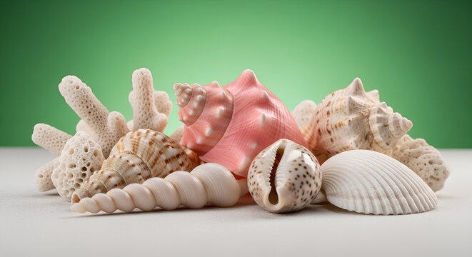 Tropical Sea Shells from Los Roques on Green Background