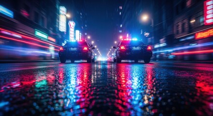 Two police cars with flashing blue and red lights on a wet city street at night, creating colorful reflections.