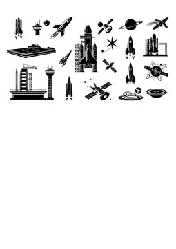Rocket Science Vector Set - Black Silhouette Illustrations, Aerospace Graphics, Spacecraft , Launch Pad Design Elements